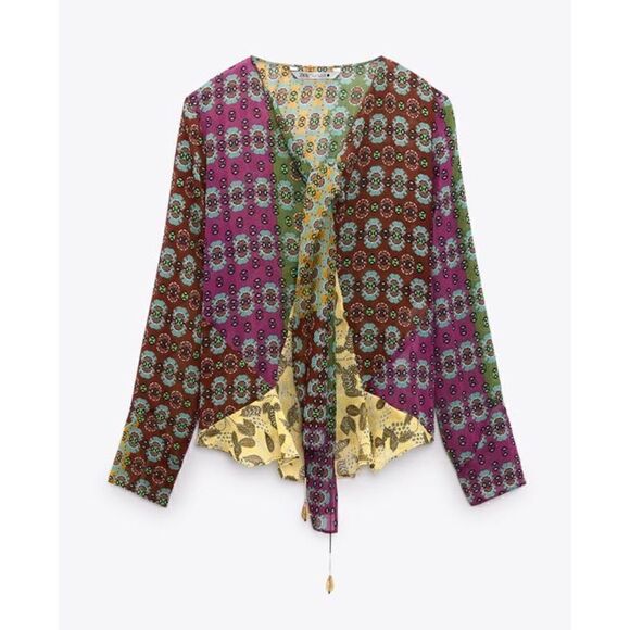 NWT Zara Multicolor Semi-Sheer Long Sleeve Tie Scarf Beaded Boho Printed Blouse - Picture 7 of 16